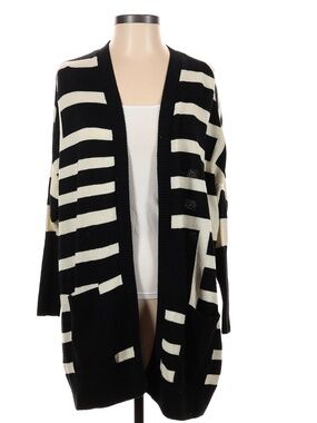 Catherine Malandrino Black and White Striped Knit Cardigan with Pockets Small